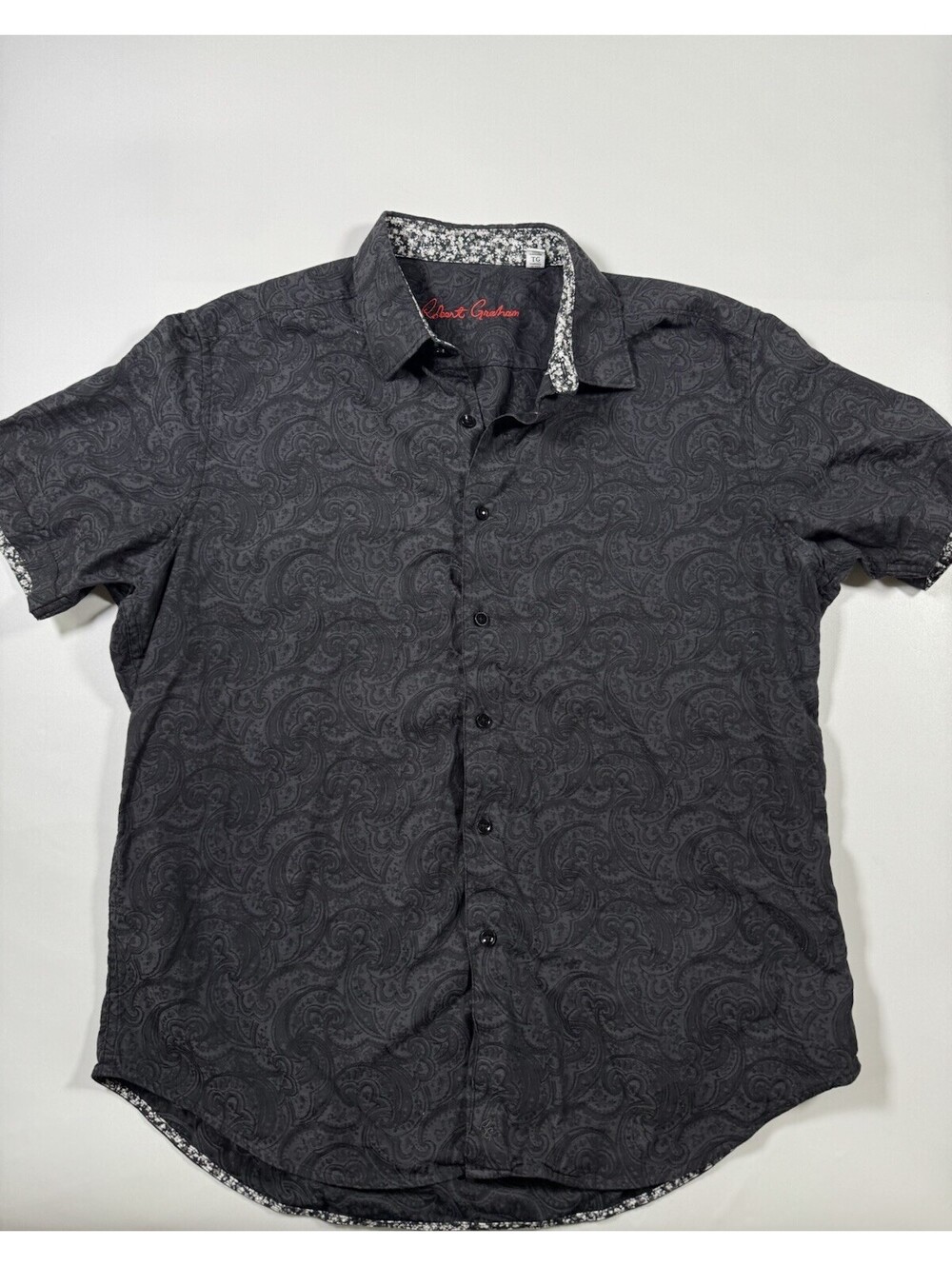Robert Graham Shirt Black Floral Paisley Button Up Flip Cuff Short Sleeve XL EUC